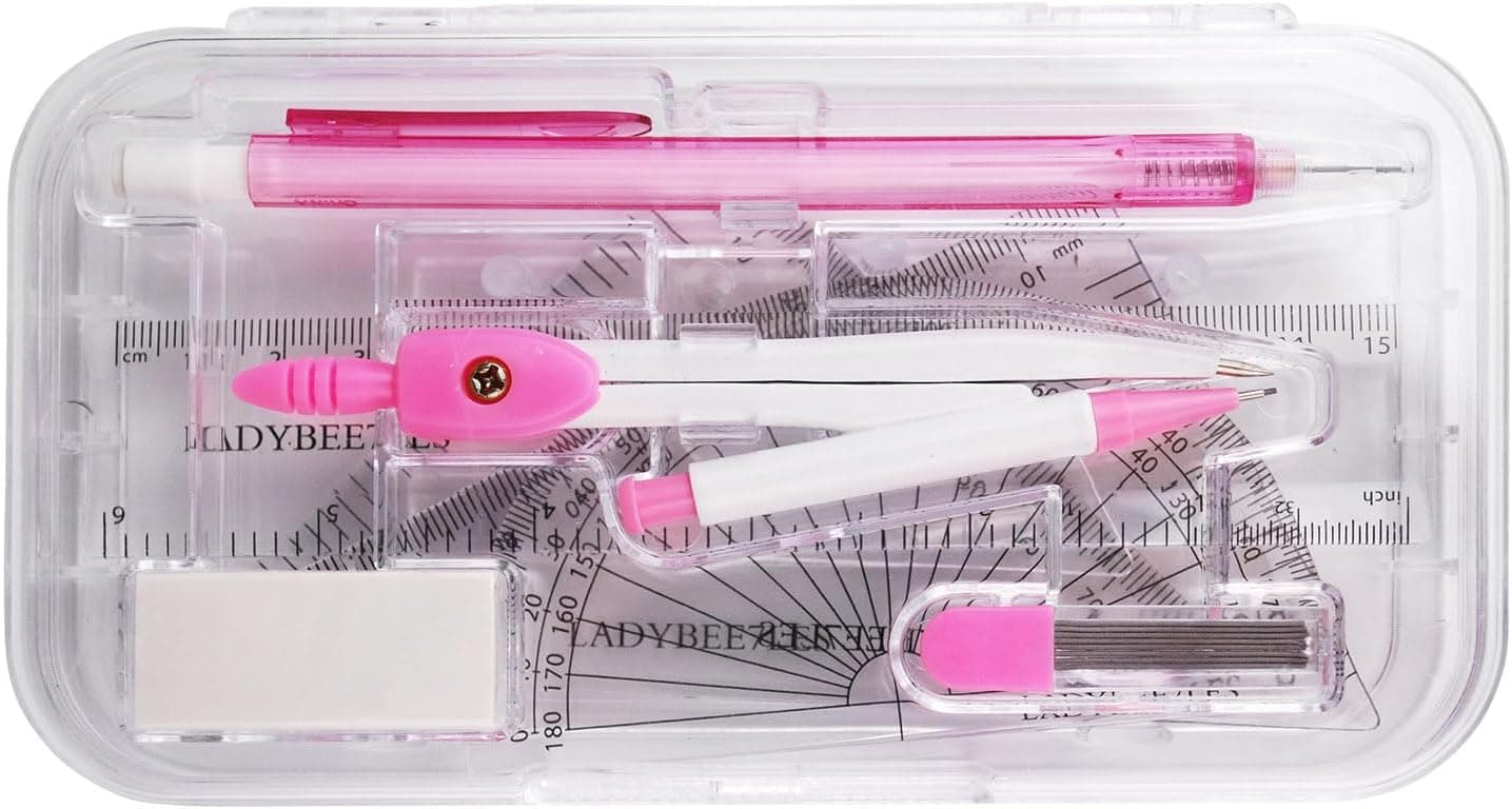 9-Piece Set Back-to-School kit, Packed in a Reusable Plastic Box,Two Triangles, a Protractor, a 15-Centimeter Ruler, a Compass, a Mechanical Pencil with Extra Lead, and an Eraser.