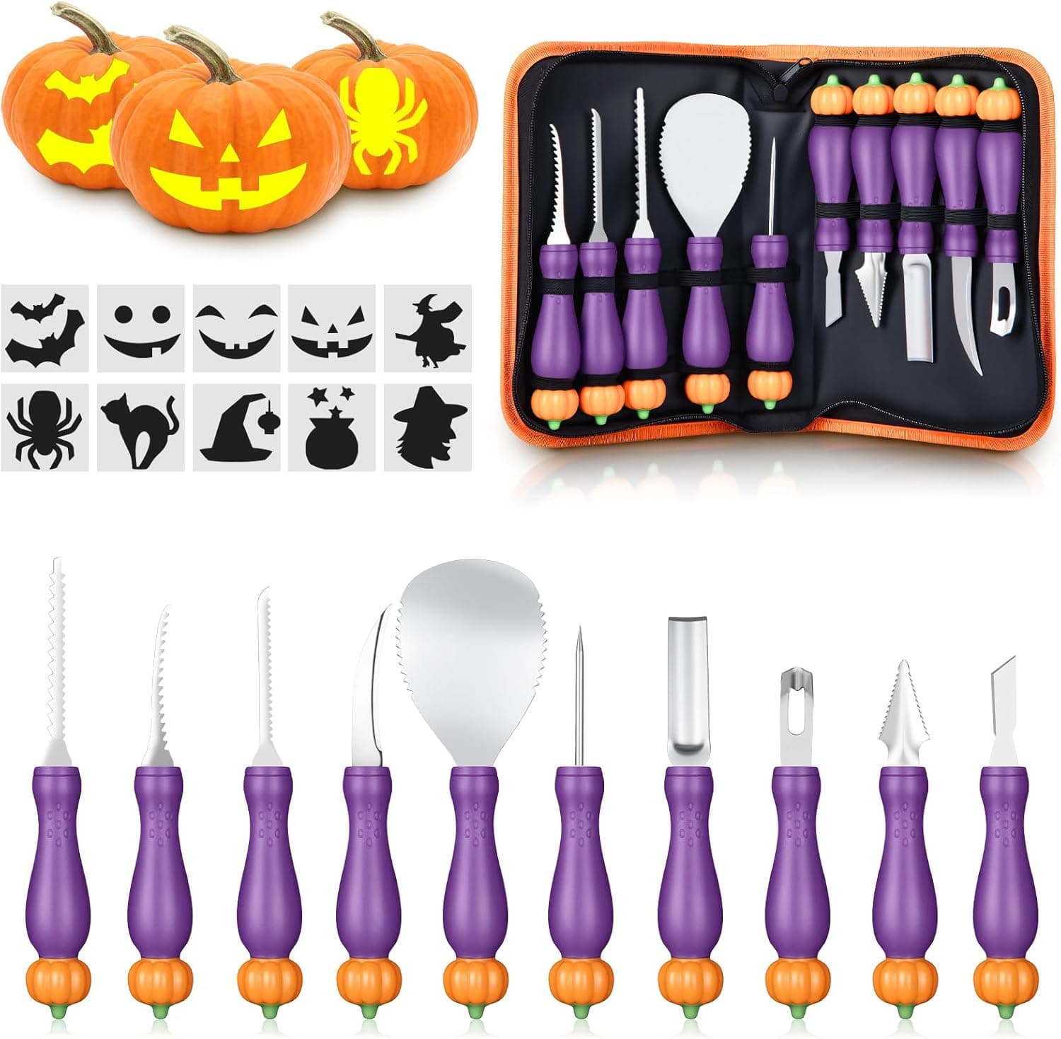10 Piece Professional Halloween Pumpkin Carving Kit with Stencils, Heavy Duty Stainless Steel Pumpkin Carving Tools Knife Set for Halloween Decorations (Purple)