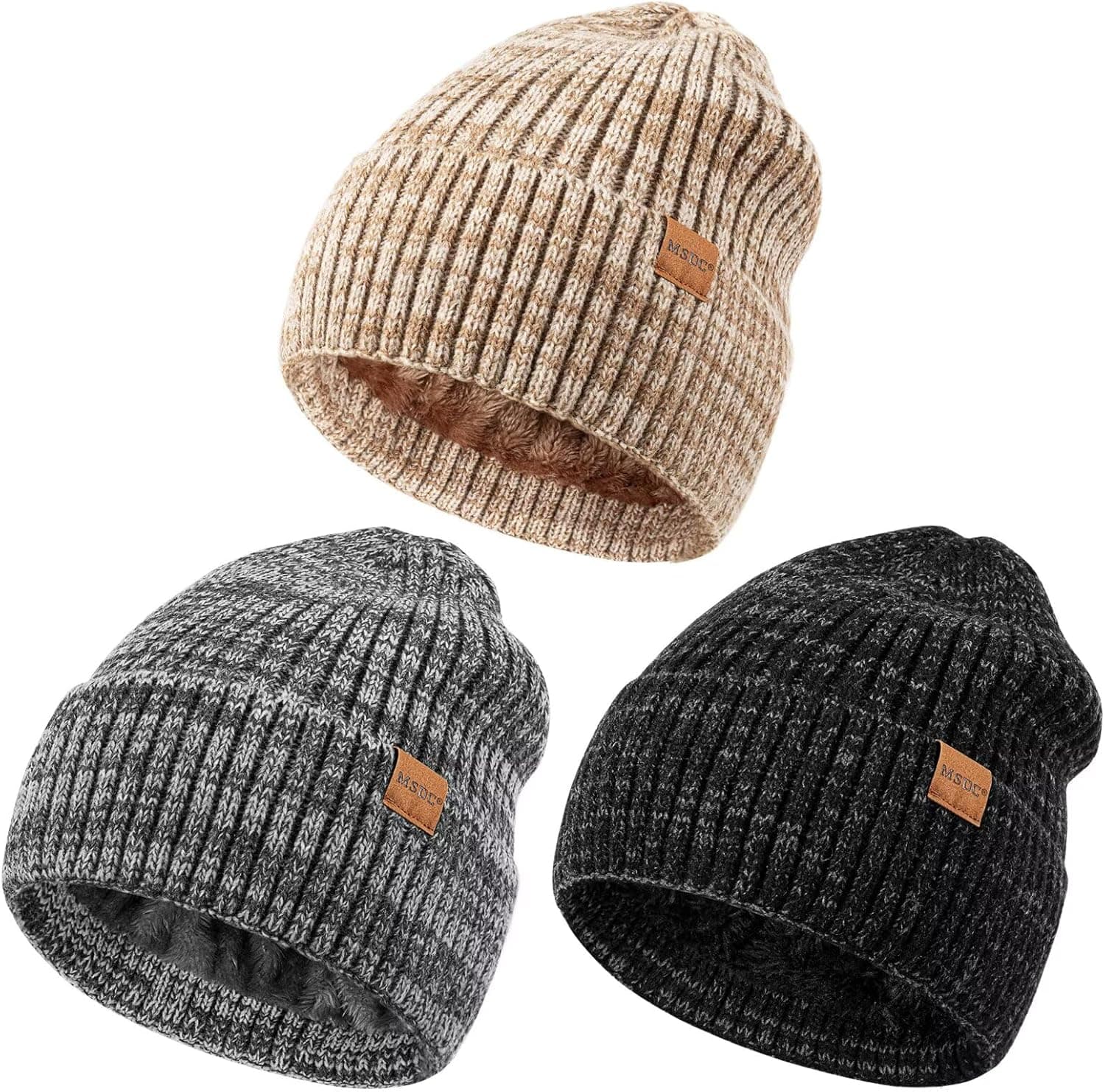 MSDC 3 Pack Winter Hats for Men, Warm Fleece Lined Beanie for Men Women, Fashionable Knit Hat Skull Cap for Cold Weather