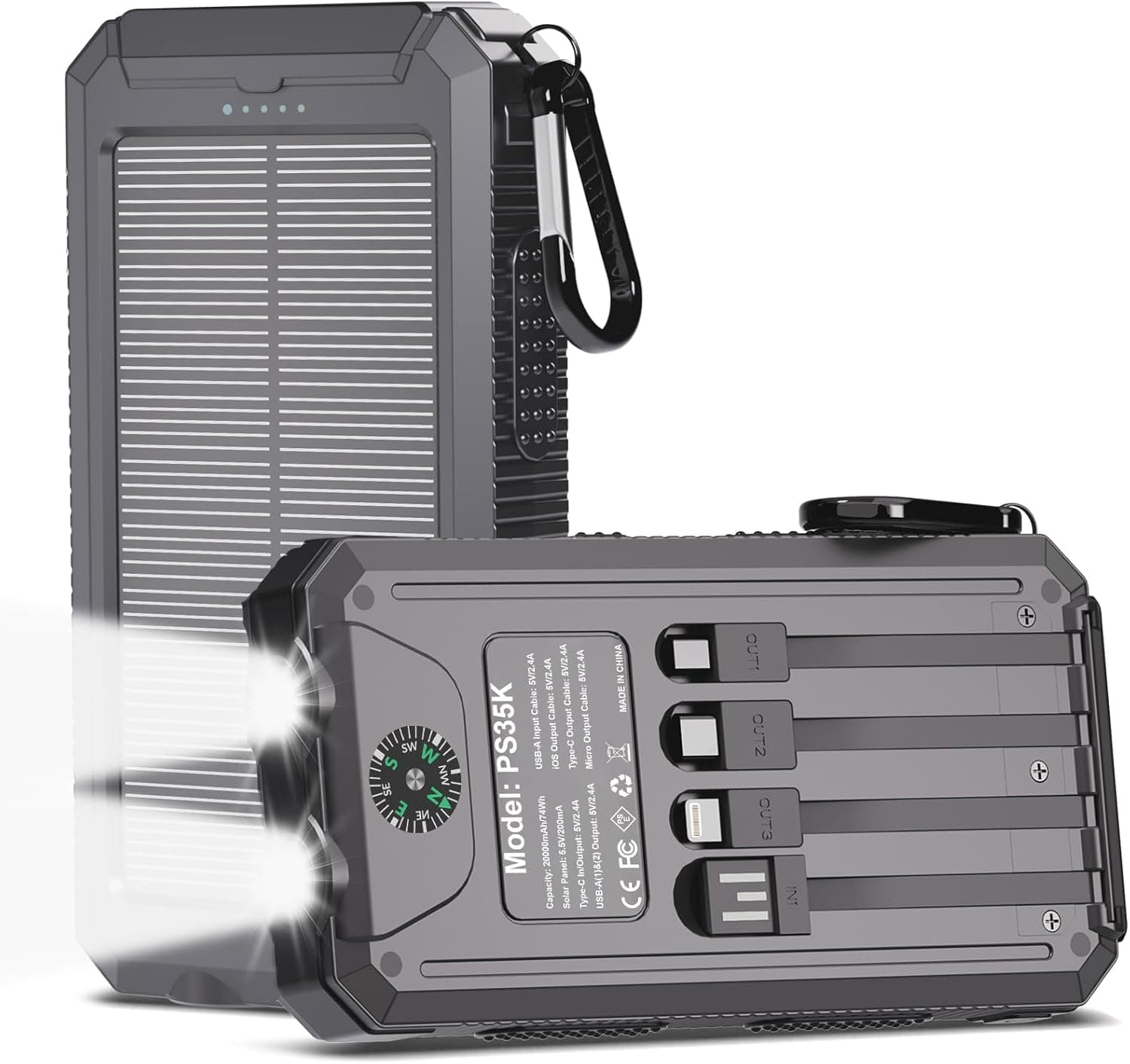 Power Bank Solar Charger 20,000mAh, Portable Phone Charger, 4 Cables Outdoor Waterproof External Backup Power Charger with USB-C for Cell Phones, Solar Battery Pack with Dual Flashlight for Camping