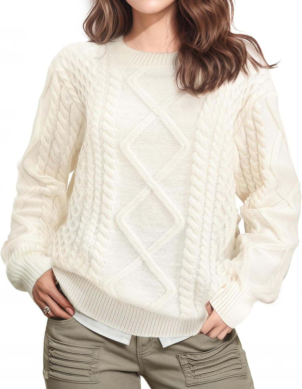 Pleneal Women Sweater Vintage Pullover Cable Knit Sweater Unisex Woven Crewneck Knitted Tops Beige