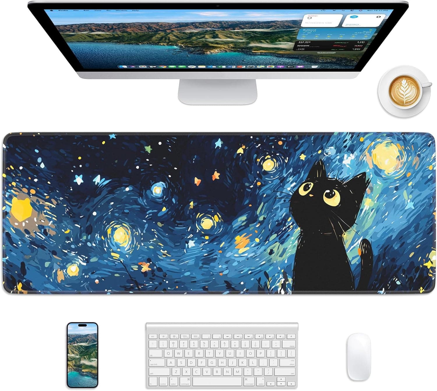 Starry Night Cat Mouse Pad, 31.5 x 11.8 Large Desk Mat with Stitched Edges & Non-Slip Base, Mousepad for Office, Home, Work