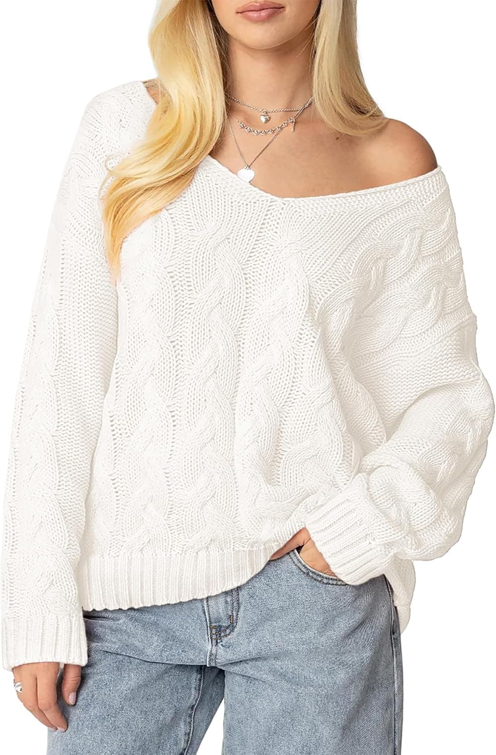 IWD Women's Oversized Sweaters Cable Knit V Neck Long Sleeve Pullover Sweater 2025