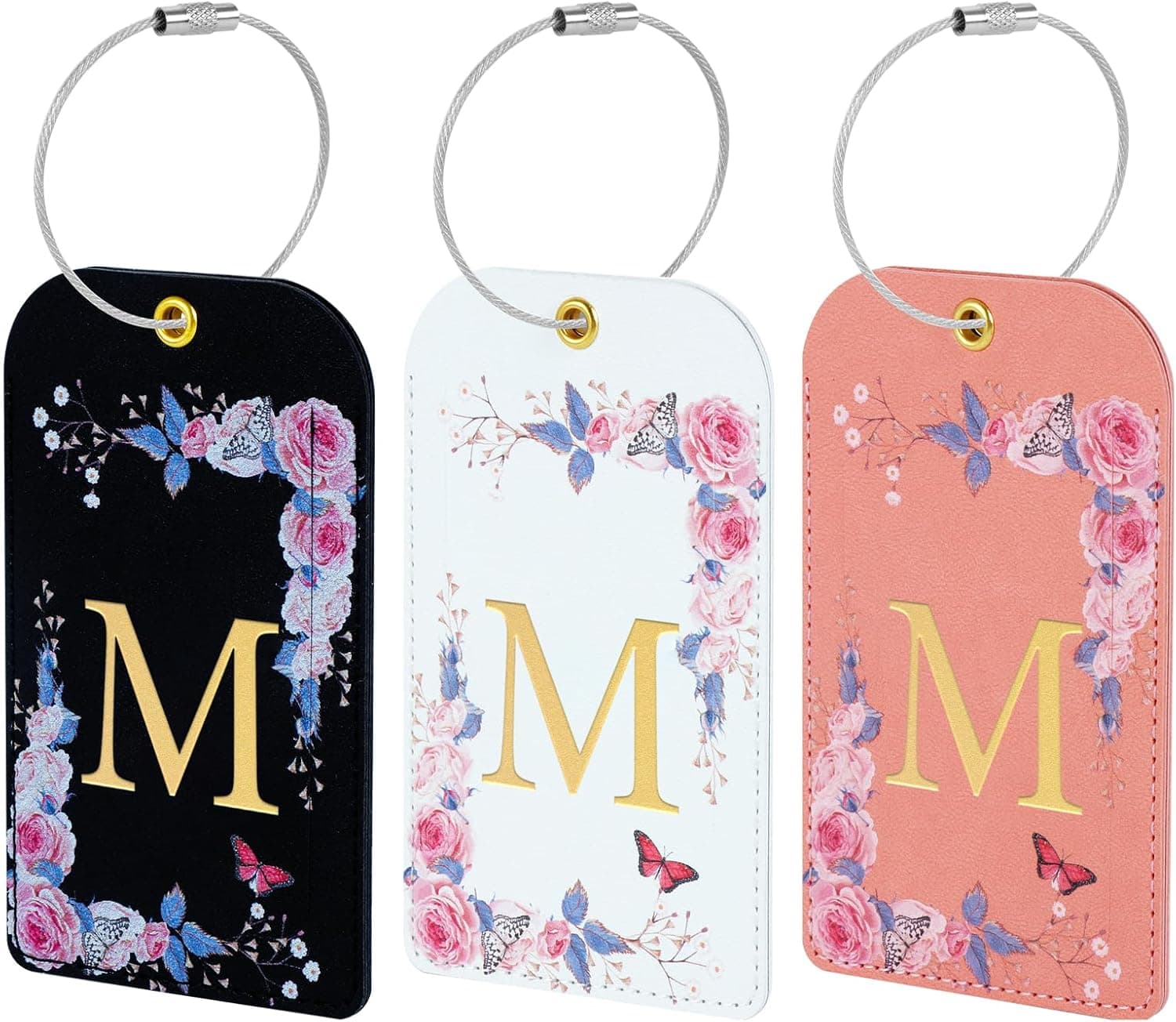 3 Pack Luxury Floral Luggage Tags, Durable PU Leather Suitcase Tags with Stainless Steel Cable Strap, Hidden ID Slot for Privacy Protection, Easy to Identify Waterproof Travel Accessories Gift (M)