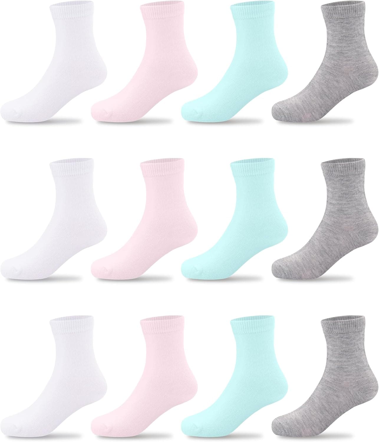 Duufin 12 Pairs Girls Socks Mid Cut Athletic Casual Dress School Youth Little Kids Crew Socks for Girls 2-15 Years Old