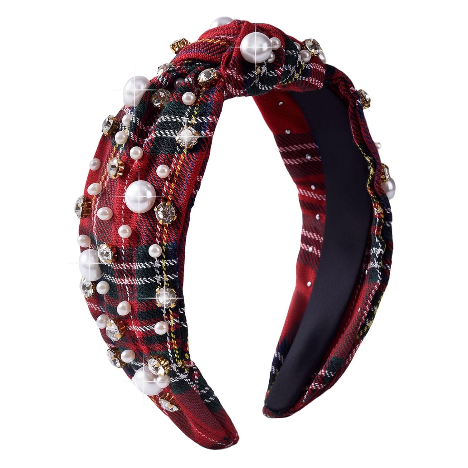 CHUN-YAN Christmas Headband - Knotted Headbands for Women - White Pearls and Glitter Rhinestones for Christmas Hair Accessories - Red Plaid Headbands for Women Holiday Headwear