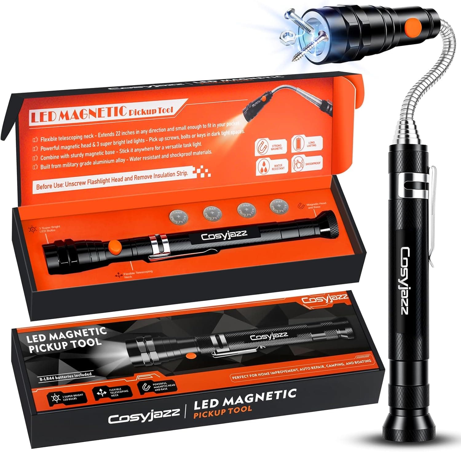 Magnetic Pickup Tool, Cosyjazz Magnetic Flashlight Telescoping Magnet with LED Flashlight and Extendable Neck, Cool Gadget Birthday Gifts for Men, Dad, Husband, Mechanic, Tech, Handyman