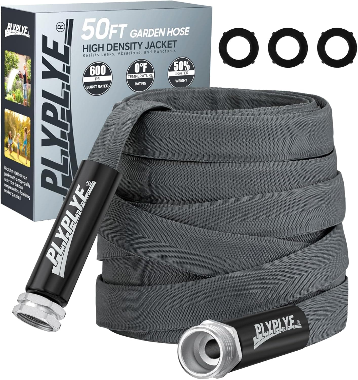 Garden Hose 50ft, Made of TPU(Not PVC), Ultra-Light & Flexible Water Hose, Non-Shrinking, Easy to Store, Drinking Water Safe Material, All-weather, Black&Gray