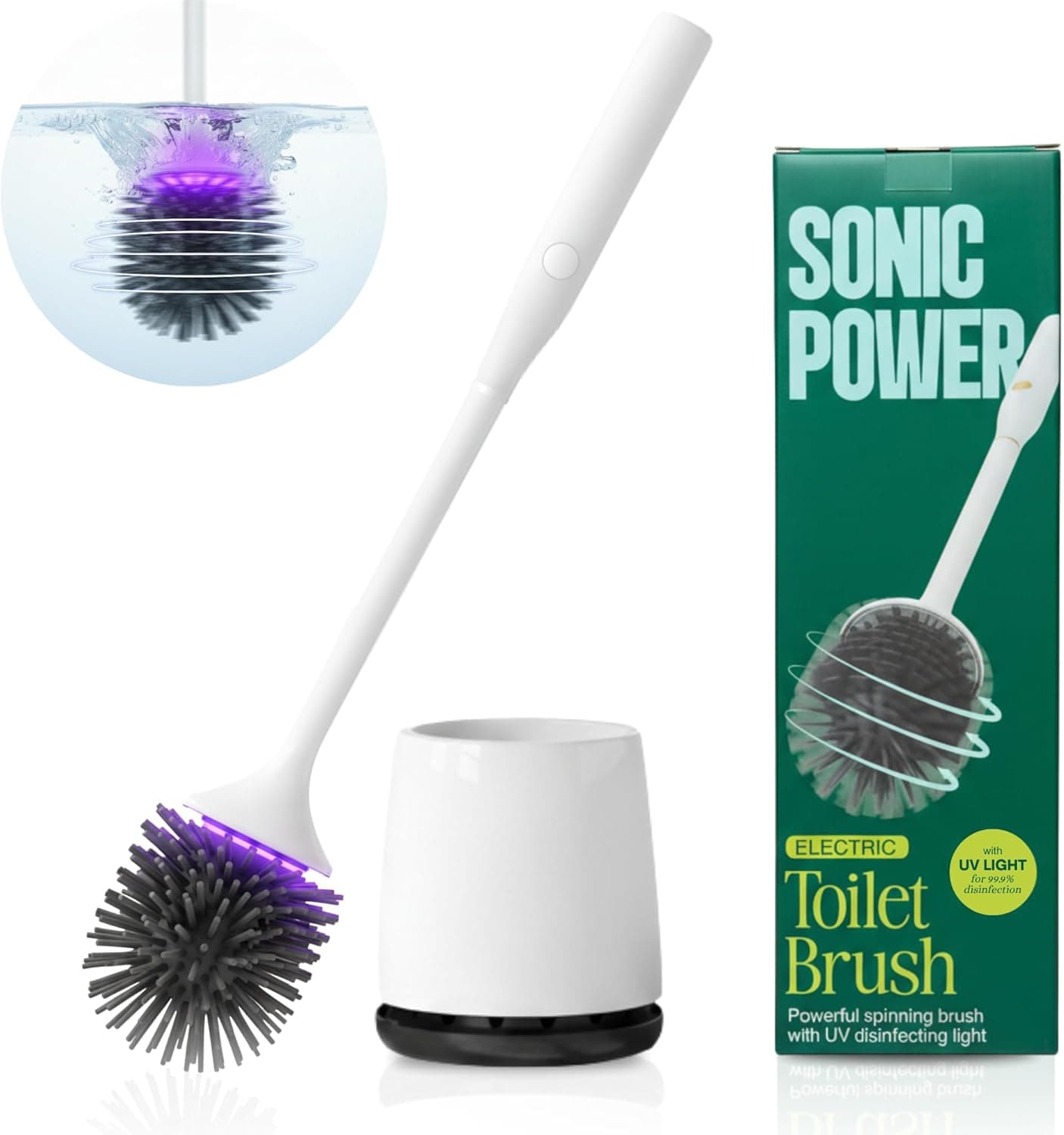 Electric Toilet Brush – Silicone Head, UVC Self-Cleaning, Anti-Splash & Rechargeable | Floor Standing or Wall Mount (No Drilling) | Ventilated Toilet Brush & Holder Set (Pack of 1)