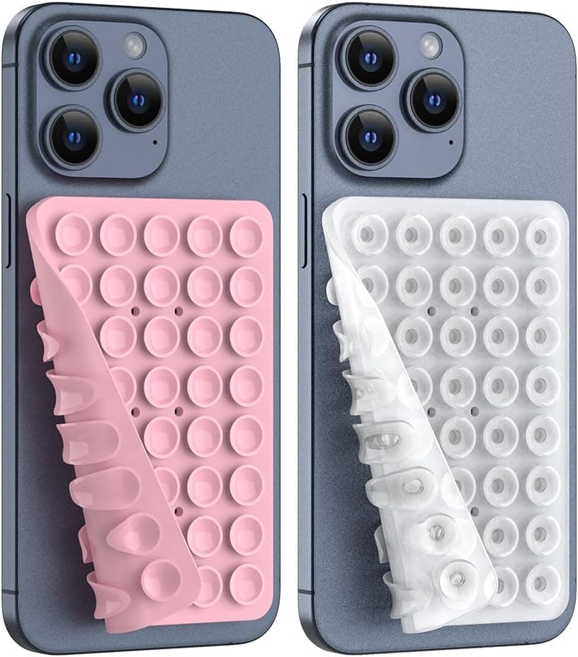 Double Sided Silicone Suction Phone Holder Mount, Silicon Accessory for iPhone and Android, Hands-Free Mirror Shower Phone Holder, TikTok Videos and Selfies (Light Pink+Transparent)