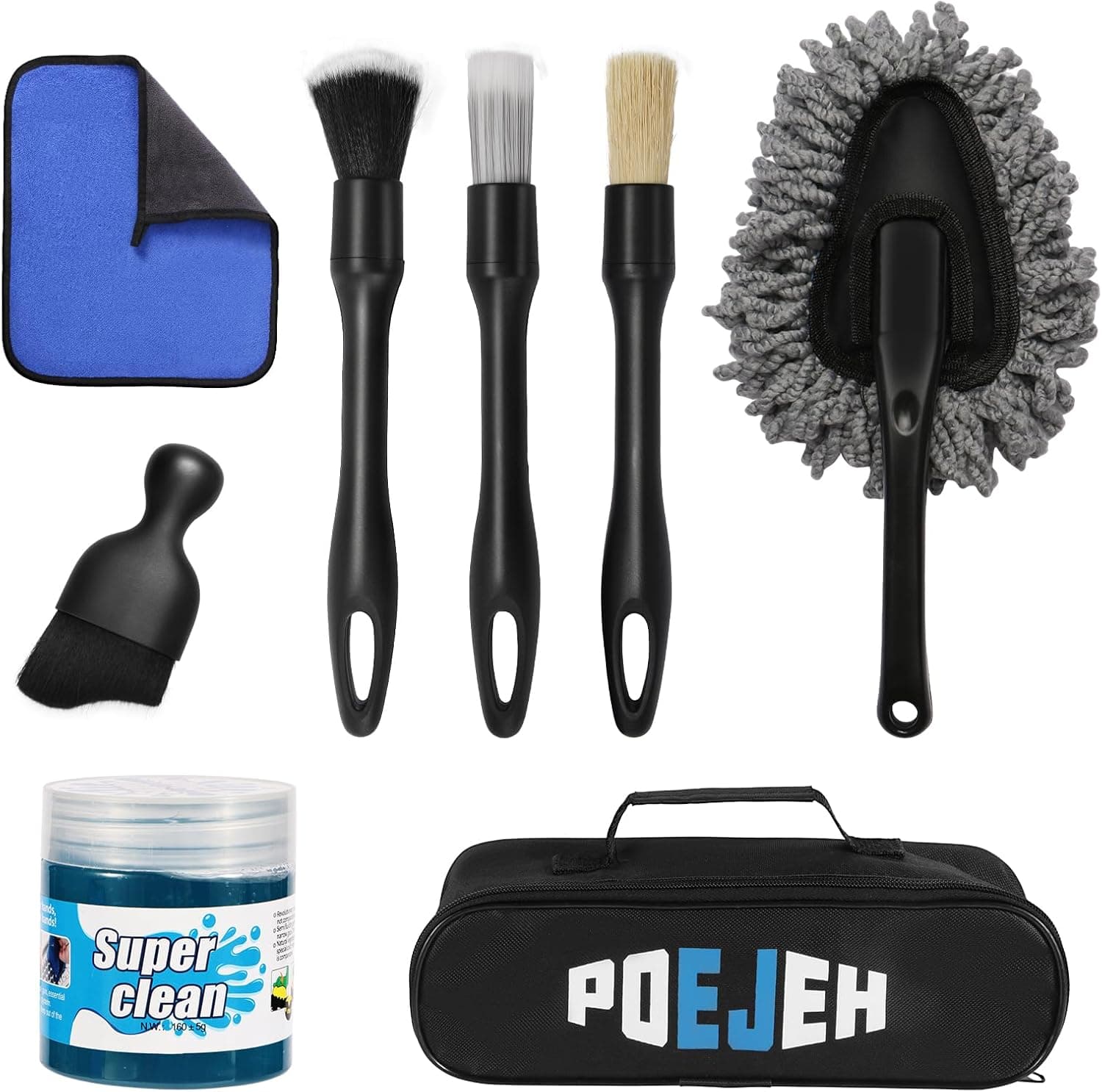 8-Piece Car Interior Cleaning Kit - 160g Jarred Gel (128% More Than 70g), Boars Hair Brushes, High-Density Microfiber Cloth, Ultra-Soft Duster - for Cars, Trucks