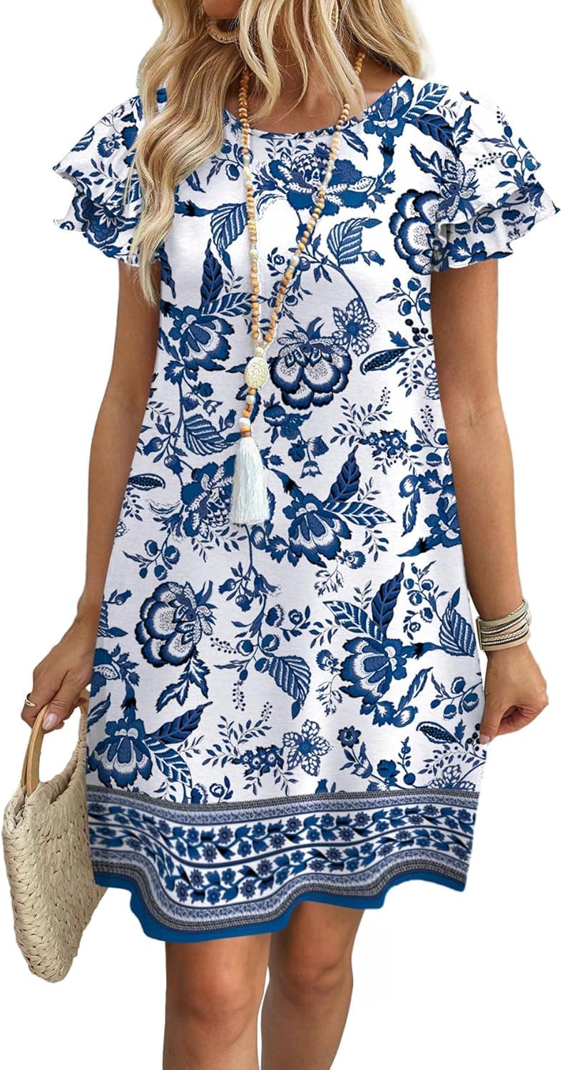 OFEEFAN Womens Summer Dresses 2026 Ruffle Sleeve Round Neck Loose Swing Sundresses with Pockets Plain/Print