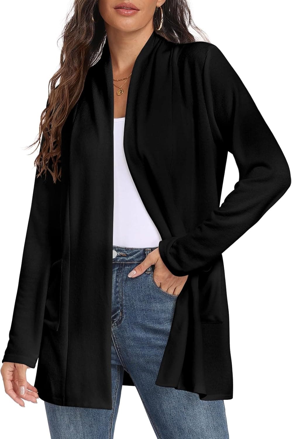 Womens Long Sleeve Lightweight Cardigan Open Front Casual Draped Cardigans with Pockets