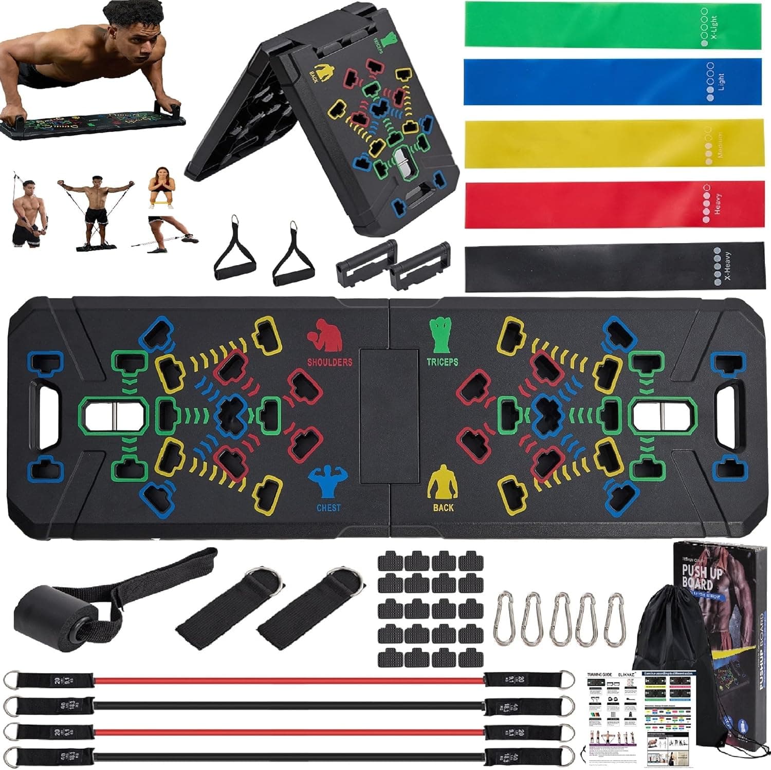 Portable Push Up Board Gym Kit 25-in-1, Foldable Push Up Station & Exercise Board Workout Set with 18 Accessories, Resistance Bands & Handles, Ankle Straps for Men, Women & Teens