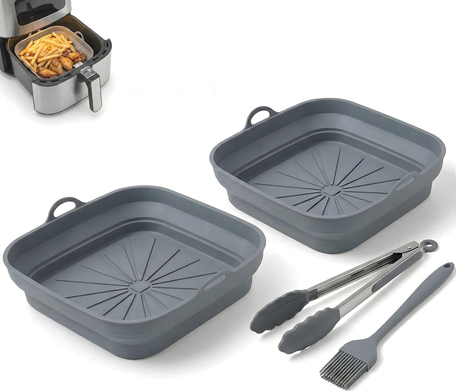 SAMIA 4 Piece Reusable Air Fryer Liners Set | 8 Inch Silicone Air Fryer Liners with Collapsible Design, Basting Brush, and Food Tong – Non-Stick, Dishwasher Safe, Air Fryer Accessories for Cooking