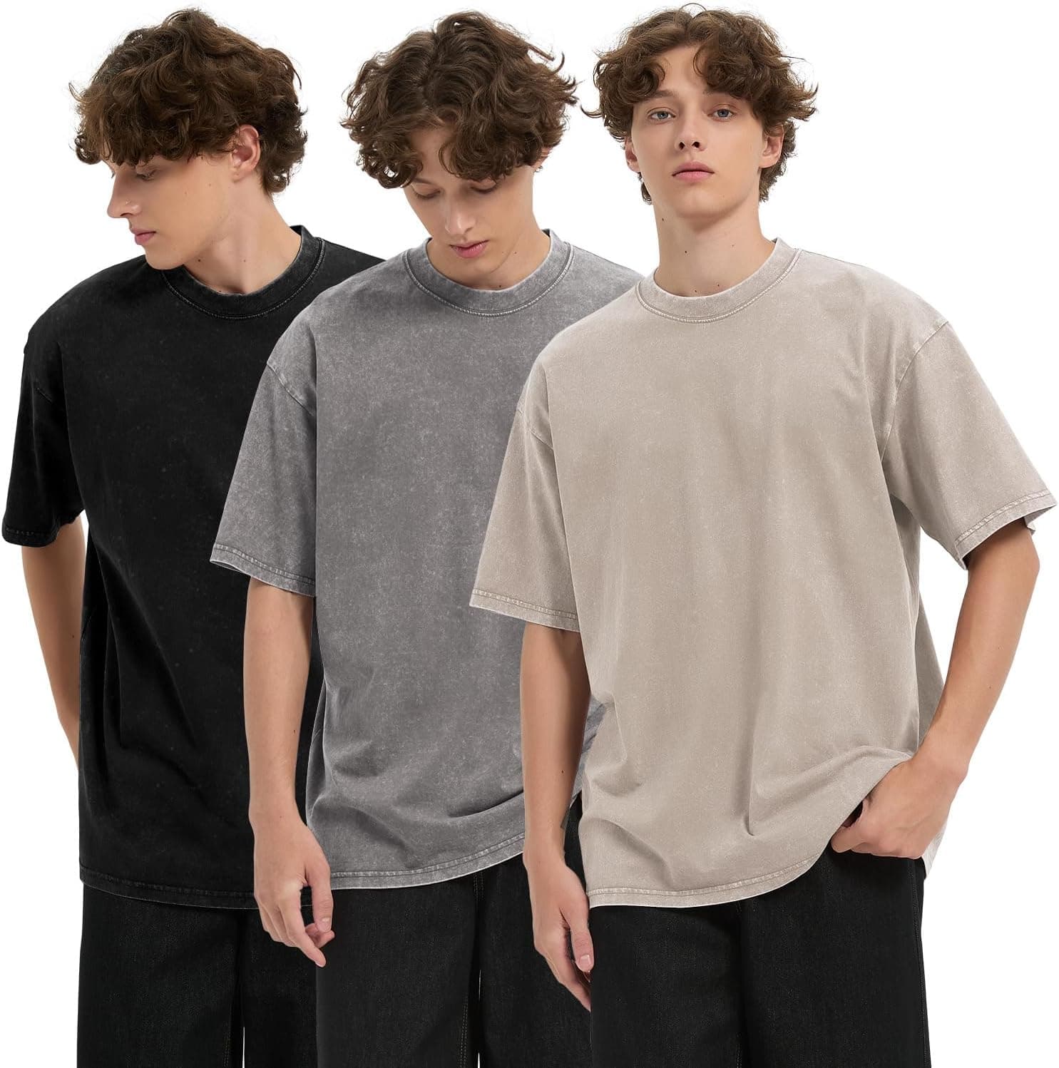 3 Pack Men's Cotton Oversized T-Shirts Unisex Short Sleeve Casual Loose Fit Vintage Acid Washed Tee Tops