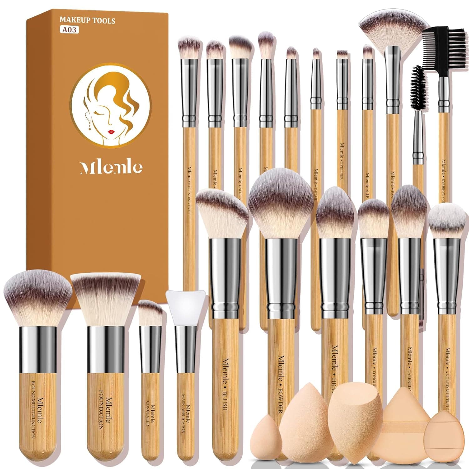 Makeup Brushes Set, Mlemle Professional 26 Pcs Makeup Kit, Include Concealers Powder Foundation Eye Blush shadows 21 Pcs Bamboo Makeup Brushes and 3 Makeup Sponge, 2 Powder Puff (A03)