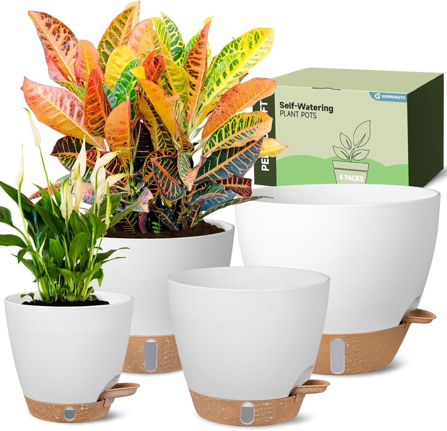 Self-Watering Pots for Indoor Plants 4 Pack, 6/8/10/12 Inch Outdoor Planters with Water Level Indicator&Deep Reservoir, Decorative Flower Pots for Indoor Plants,Home Decor (White, 12+10+8+6 inch)