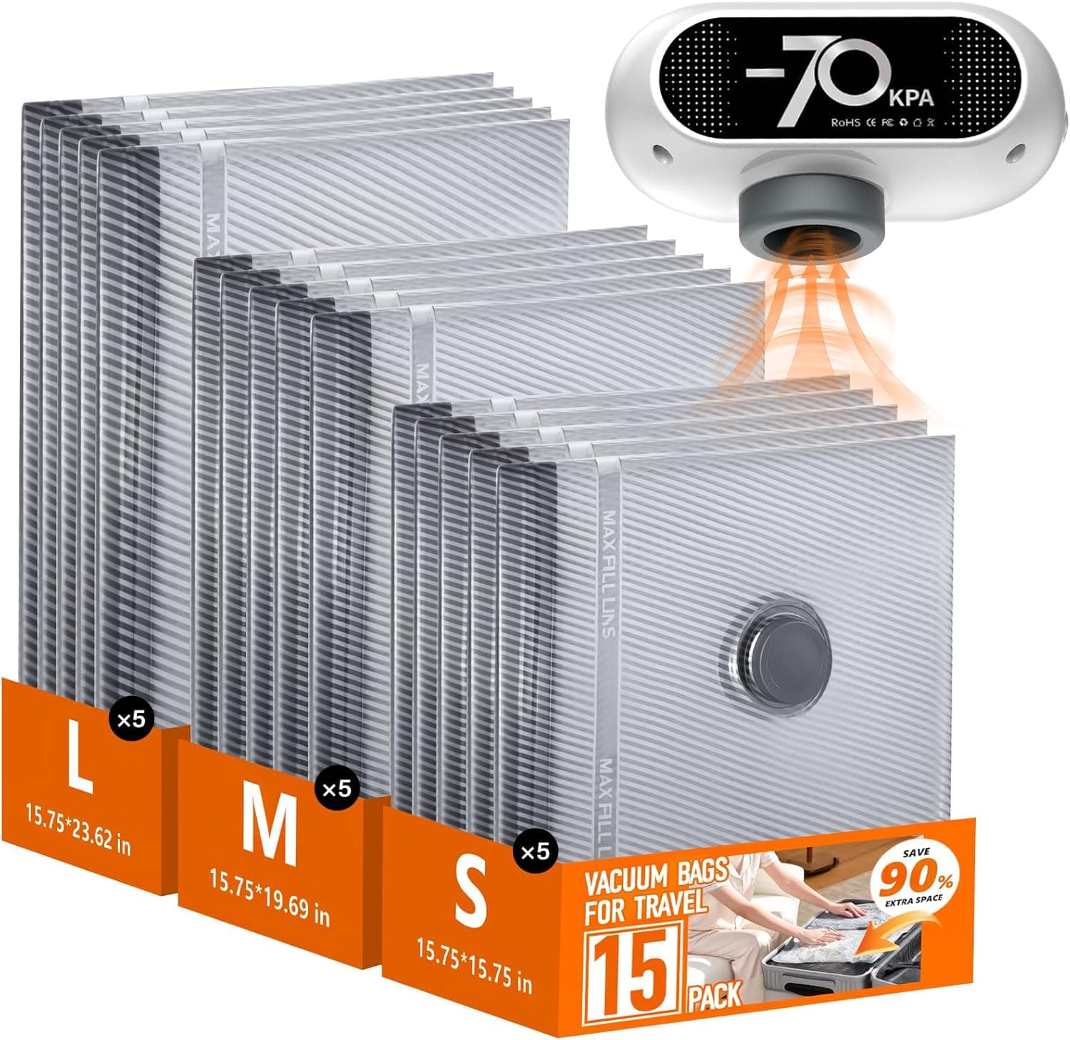 Travel Vacuum Bags with Wireless Pump, 15 Pack Vacuum Storage Bags with Powerful -70KPa Suction, for Maximum Compression in Luggage, Travel and Home Use for Clothes and Blankets, White