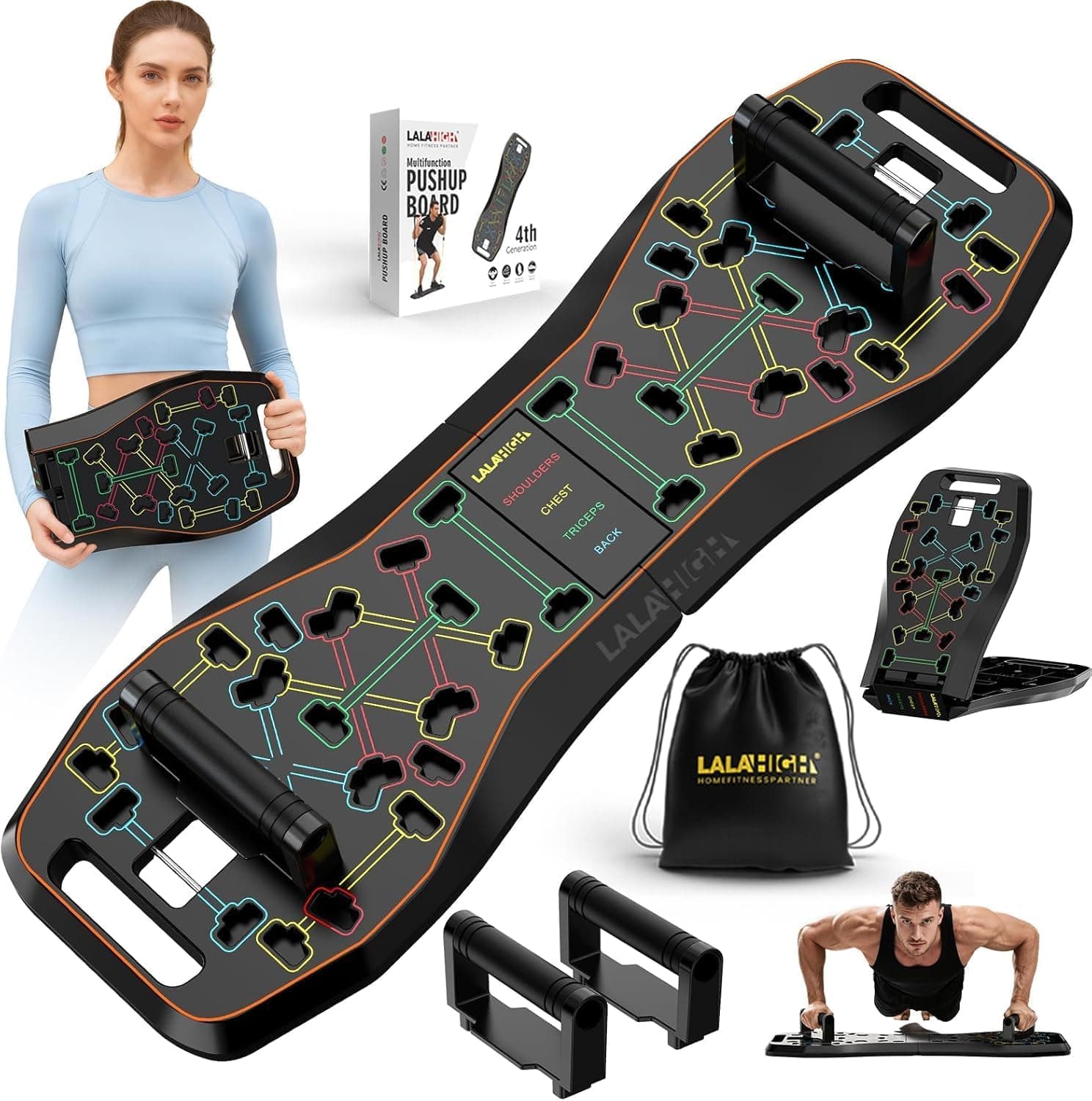 LALAHIGH Push Up Board,36 in 1 Home Gym Equipment with Ab Roller Wheel & Resistance Bands, Portable Foldable Workout Board for Full Body Strength Training Men Women,Christmas Gift
