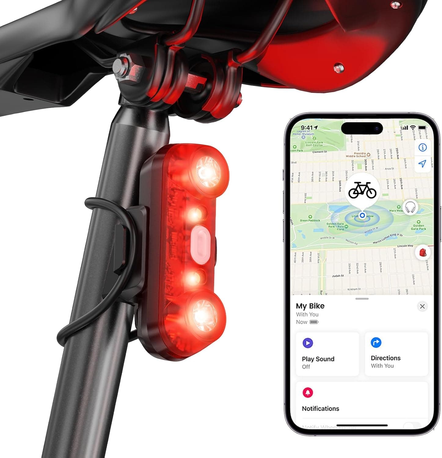 Bike Tail Light with Bike Tracker, GPS Real-Time Track (iOS Only, Work with Apple Find My), 3 Light Modes, Rechargeable Type-C, IPX6 Waterproof, Cycling Safety Rear Bike Light for Night Riding