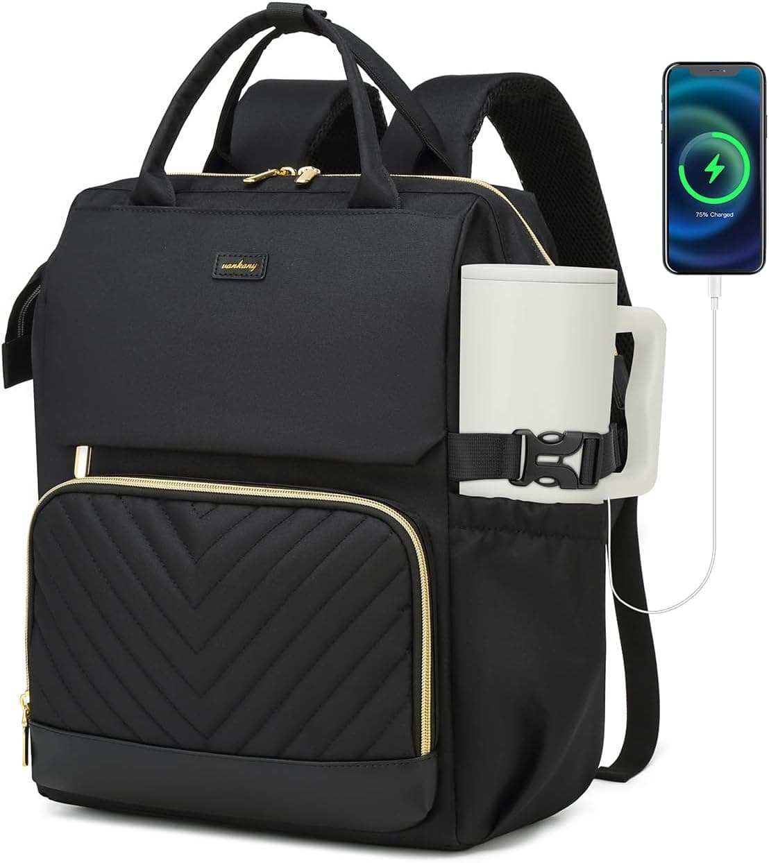 Laptop Backpack for Women, College Bookbag School Backpack for High School Teen Girls, Work Bags with Cup Holder & USB Charger for Teacher Nurse Travel, Black