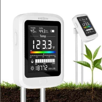 6-in-1 Soil Test Kit for Gardening Deals, Digital pH Meter/Temperature/Sunlight/Fertility/Environmental| Factory-Permanent Calibration