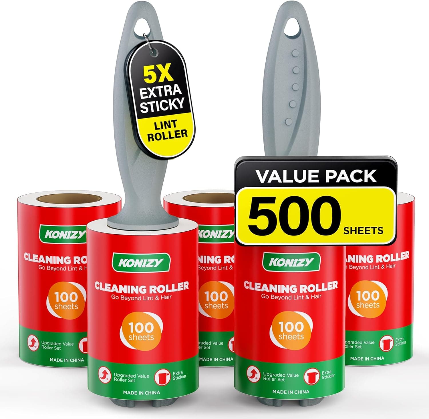 Lint Rollers for Pet Hair Extra Sticky, 500 Sheets Mega Value Set Roller with 2 Upgraded Handles, 5 Portable Remover Clothes, Furniture, Carpet, Dog & Cat Removal